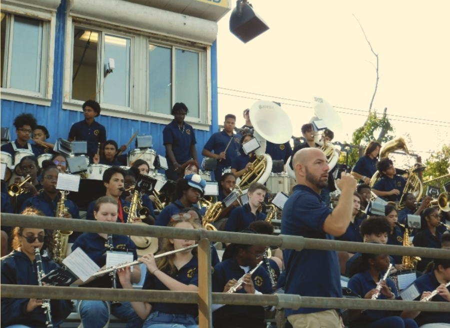 Baldwin Marching Band getting ready to perform after a great play made by the Varsity Football team.